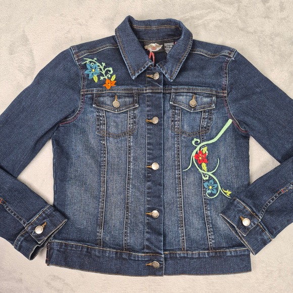 Harley Davidson Womens M Denim Jacket Embroidered Eagle Floral Biker Motorcycle - Picture 2 of 9